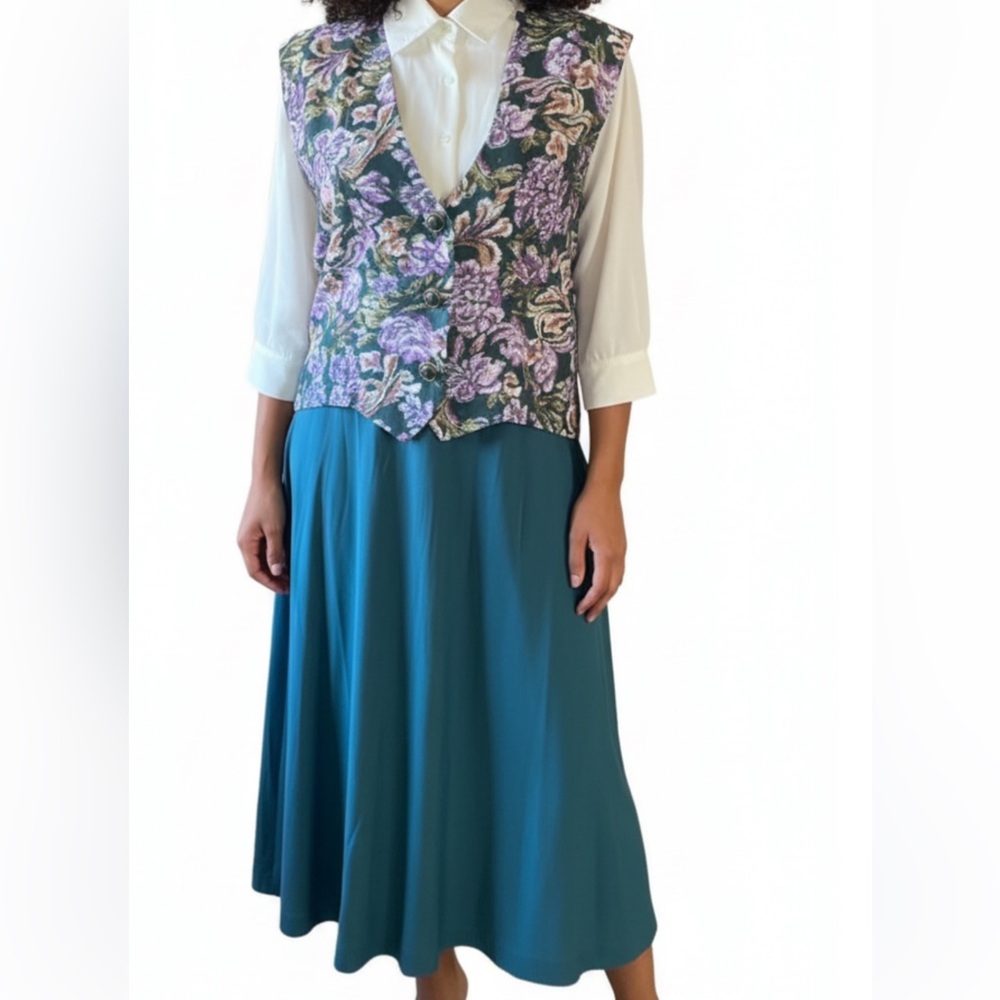 VTG Caroline Wells Floral Vest Overlay Midi Dress Size 16 80s 90s
